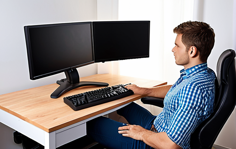 **

Ergonomic home office setup. A person sitting in a fully adjustable ergonomic chair, with proper lumbar support. The monitor is at eye level, supported by a monitor arm. Hands resting comfortably on a keyboard with wrist rest. Good lighting and a footrest visible. The overall scene conveys a healthy and comfortable working environment.

**
