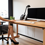 **

A person working comfortably at a standing desk. The desk is raised to a suitable height for standing, and they are using a monitor arm and keyboard tray. Focus on ergonomic posture and a clean, organized workspace with cable management. The desk should have a natural wood finish. Include a subtle background showing a modern home office.

**