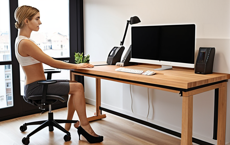 **

A person working comfortably at a standing desk. The desk is raised to a suitable height for standing, and they are using a monitor arm and keyboard tray. Focus on ergonomic posture and a clean, organized workspace with cable management. The desk should have a natural wood finish. Include a subtle background showing a modern home office.

**