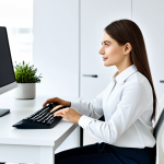 Ergonomic Workspace**

"A modern, bright office space with an ergonomic setup. A businesswoman sits at a desk with an ergonomic keyboard, vertical mouse, and monitor stand. She is fully clothed in a modest business casual outfit. Perfect anatomy, correct proportions, natural pose, safe for work, appropriate content, professional, modest."

**