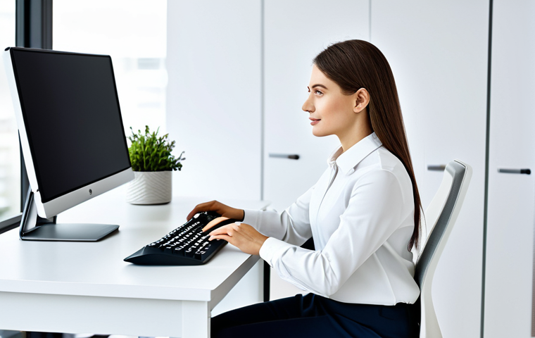 Ergonomic Workspace**

"A modern, bright office space with an ergonomic setup. A businesswoman sits at a desk with an ergonomic keyboard, vertical mouse, and monitor stand. She is fully clothed in a modest business casual outfit. Perfect anatomy, correct proportions, natural pose, safe for work, appropriate content, professional, modest."

**